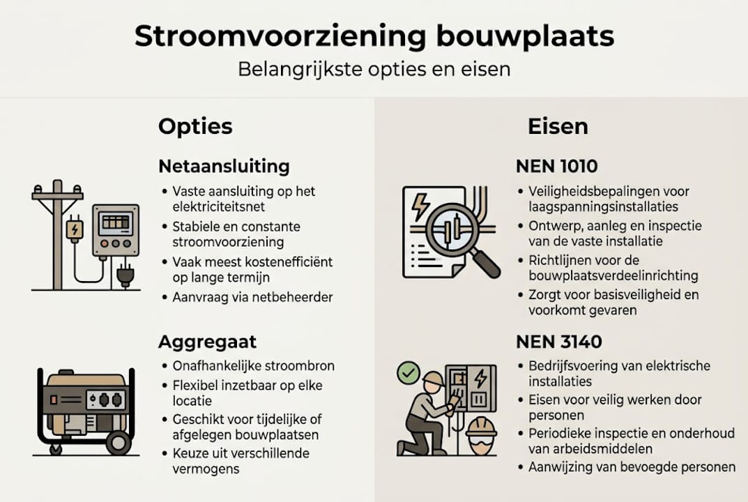Overzicht: mogelijkheden en vereisten voor stroomvoorziening op de bouwplaats