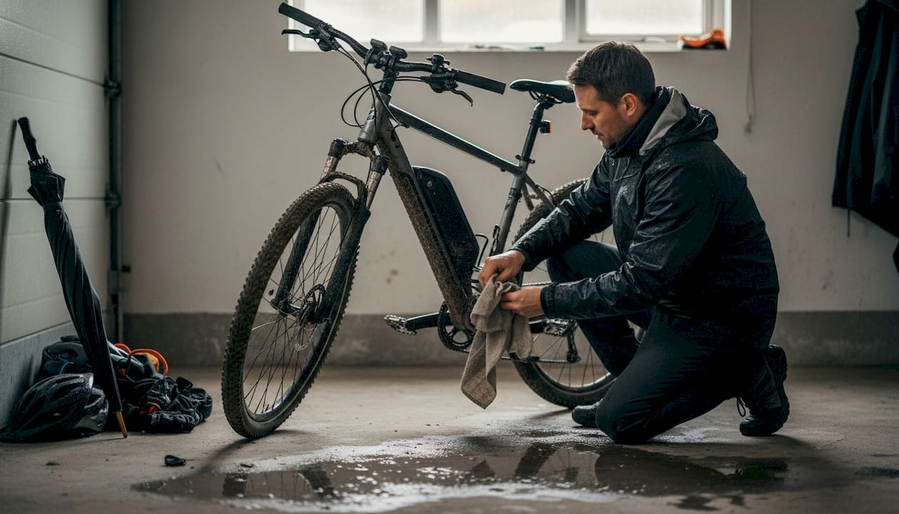 Vrouw maakt de elektrische contacten van haar e-bike schoon