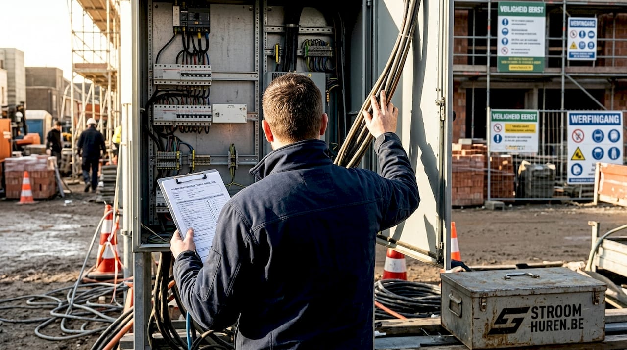 Een elektricien voert een inspectie uit aan de groepenkast op de bouwplaats.