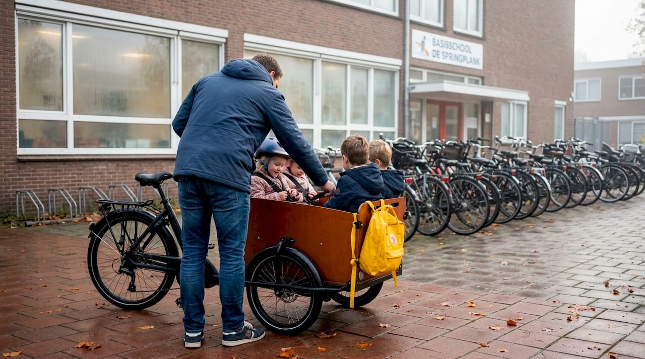 Vader kijkt bakfiets na op veiligheid bij het schoolplein