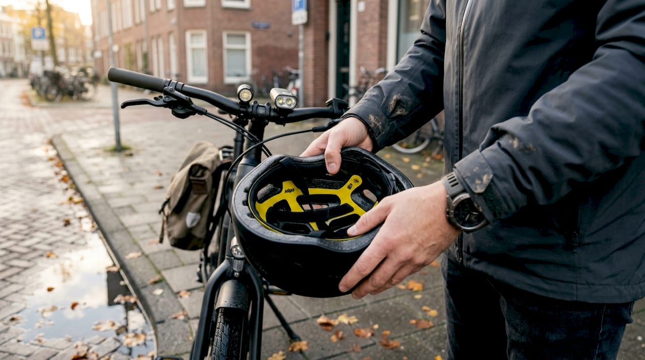 Close-up van een helm met MIPS-technologie, speciaal geschikt voor e-bikes