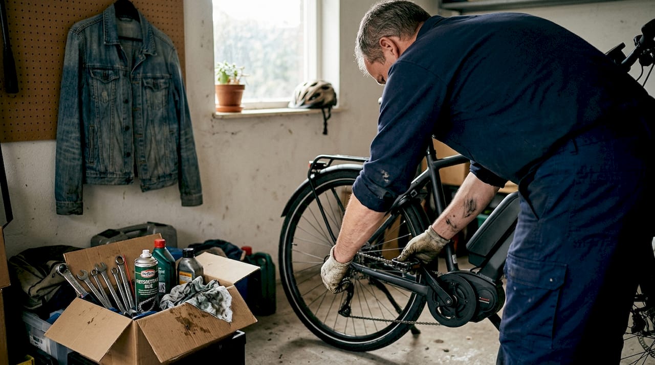 Een man bekijkt de ketting van zijn e-bike in de schuur.