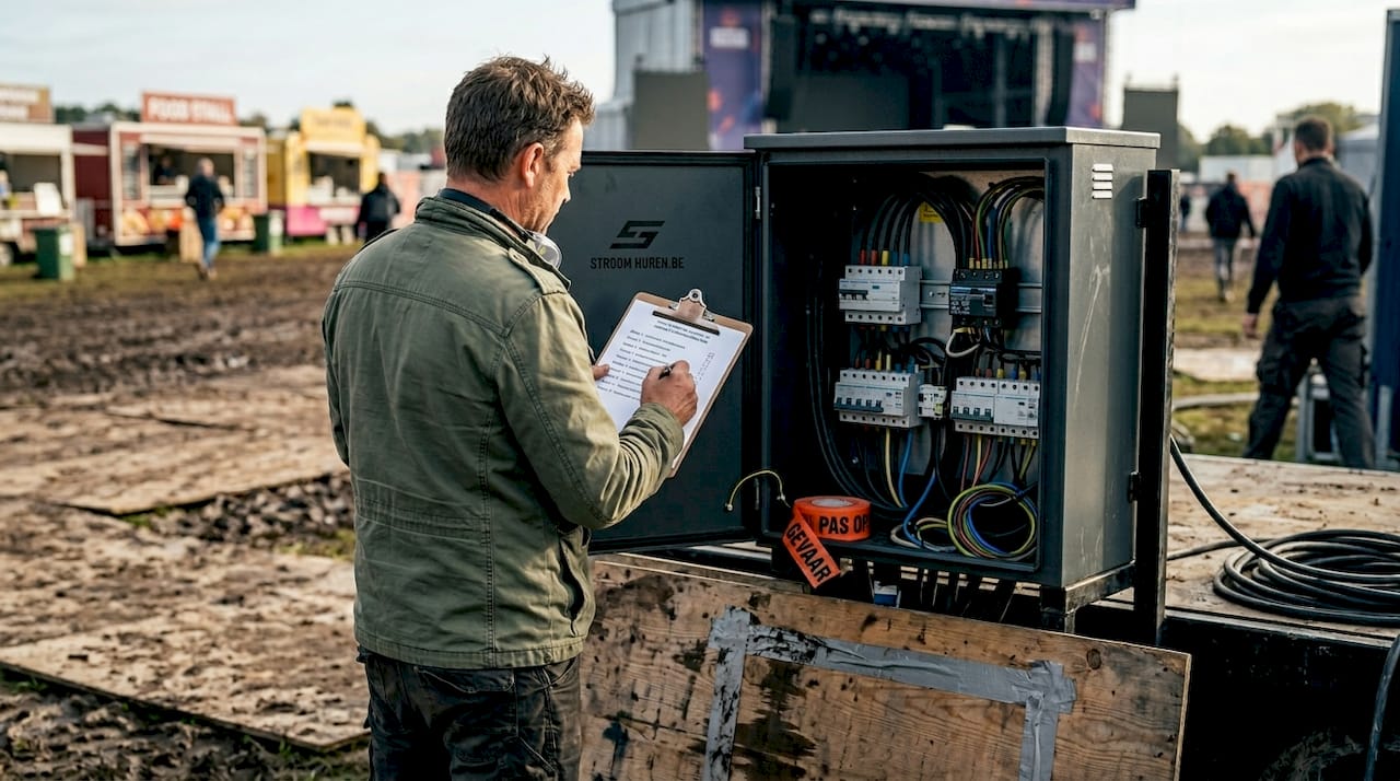 Een vrouw inspecteert de meterkast bij een tijdelijke stroomvoorziening.