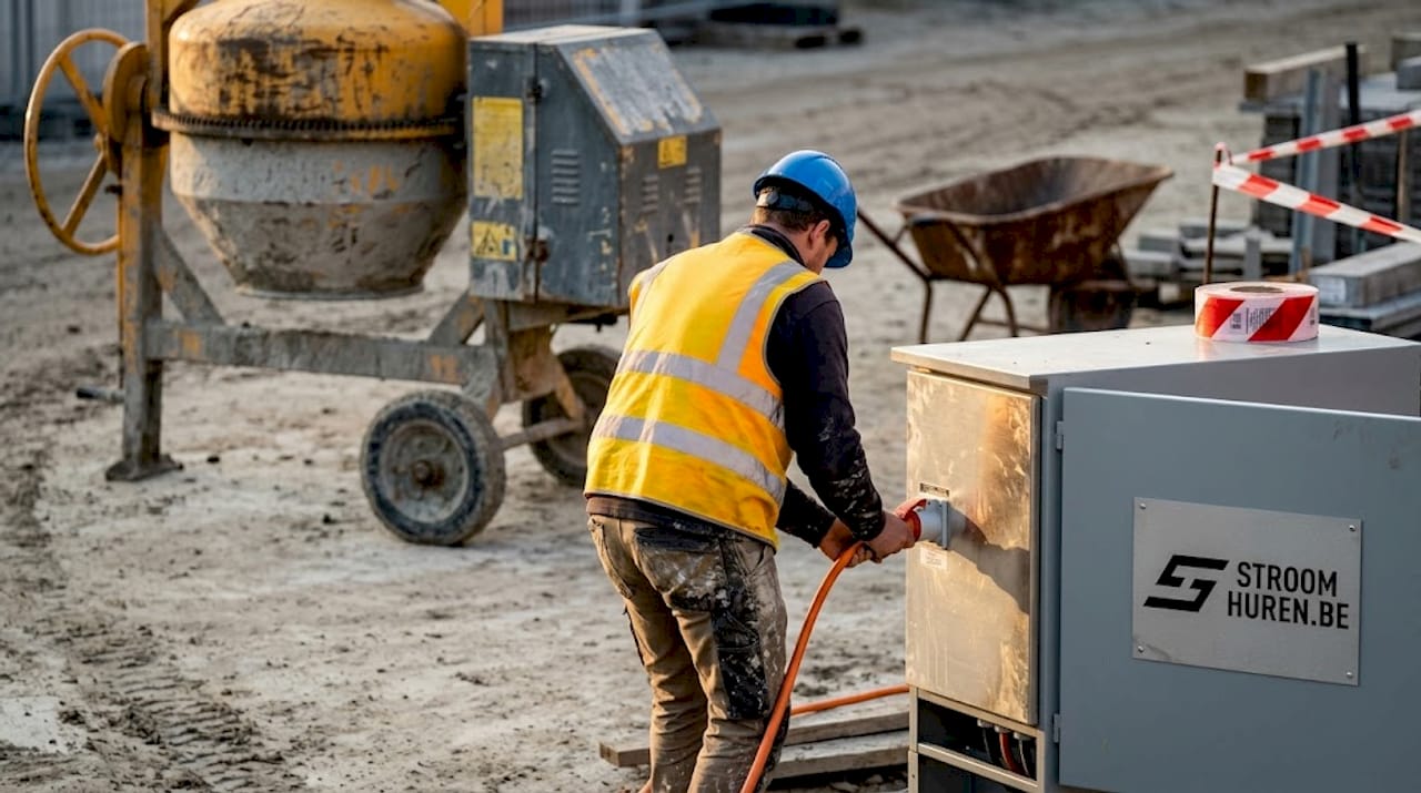 Een bouwvakker sluit de stroomkast op de bouwplaats aan op een machine.