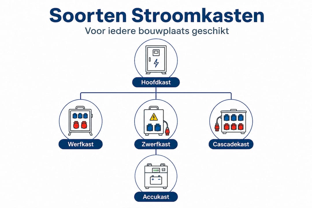 Overzichtelijke infographic die de opbouw en rangorde van verschillende typen stroomkasten laat zien
