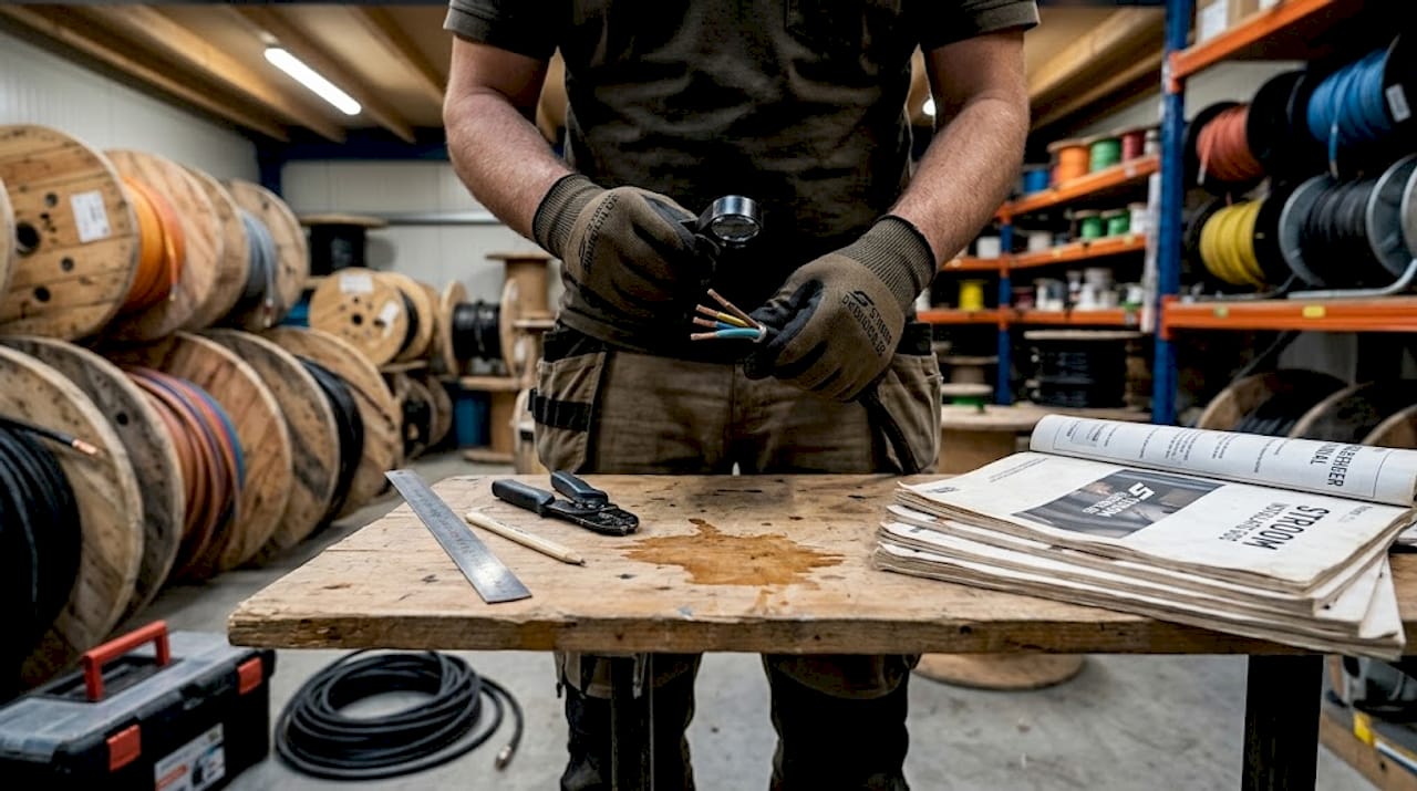 De installateur controleert de dikte van de kabel bij het werktafeltje.