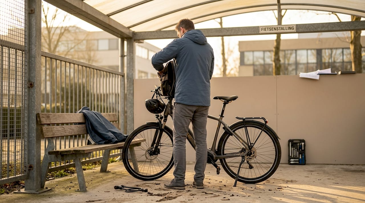 Een medewerker parkeert zijn e-bike bij het fietsenhok van het bedrijf.