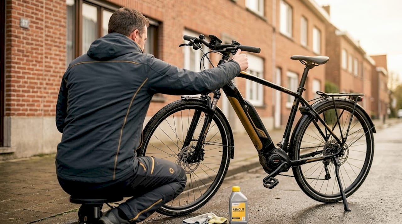Vrouw probeert uit of haar mechanische schijfrem nog goed werkt