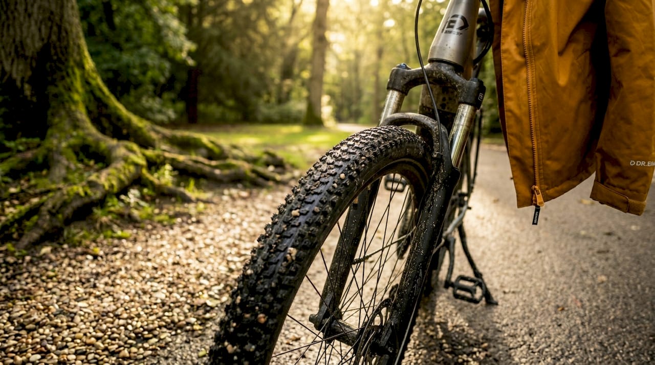 Detailopname van een hybride fietsband tijdens het rijden over gravel en asfalt