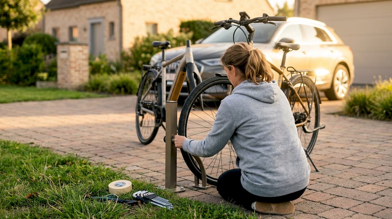 Een vrouw zet haar fiets op de standaard op de oprit.