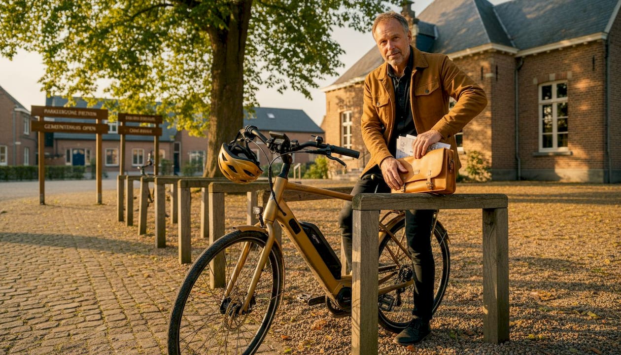 Man komt met zijn e-bike naar het gemeentehuis om subsidie aan te vragen