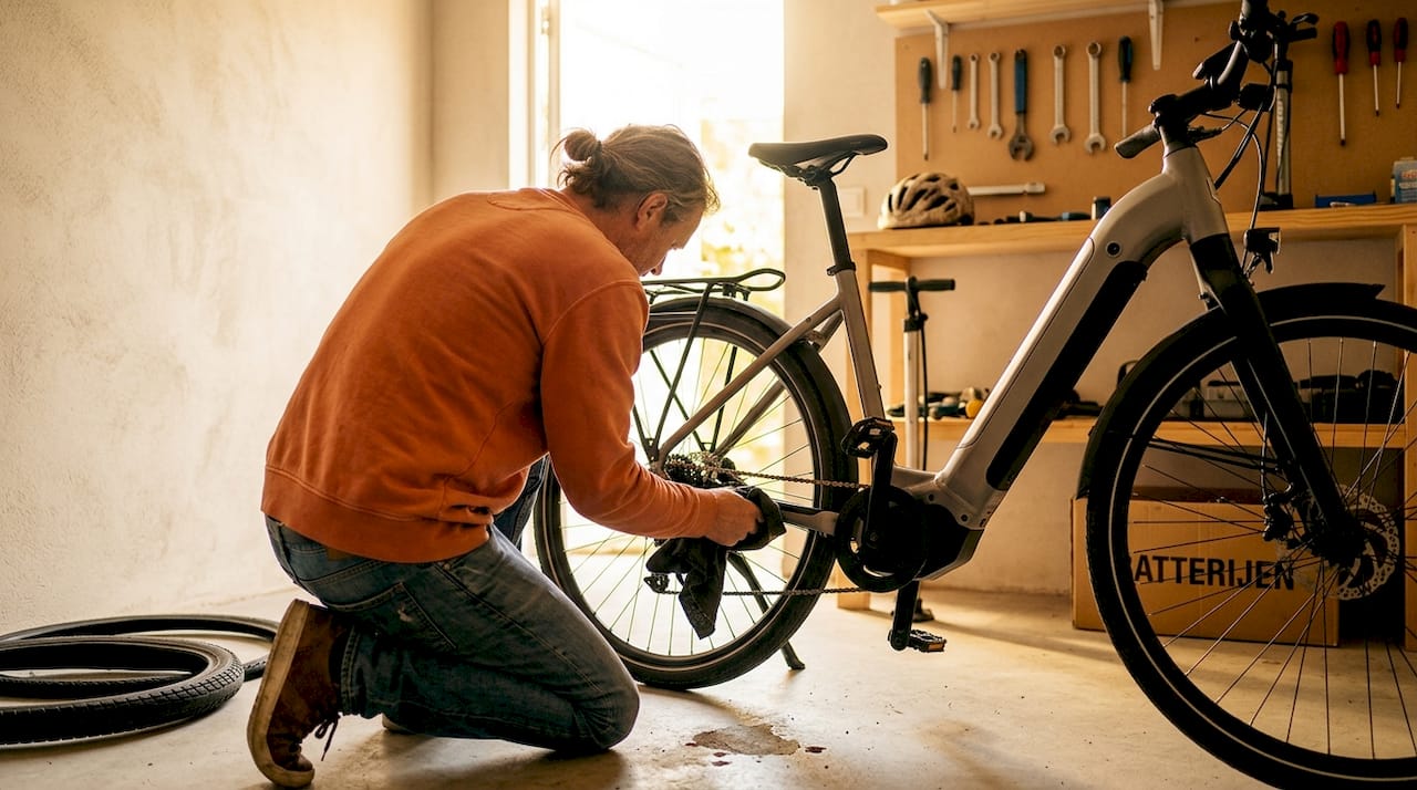 Een vrouw die haar elektrische fiets een onderhoudsbeurt geeft in een Belgische garage.