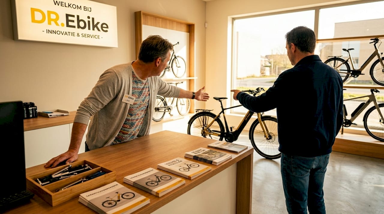 De verkoper legt aan de klant uit hoe de garantie op de e-bike werkt.
