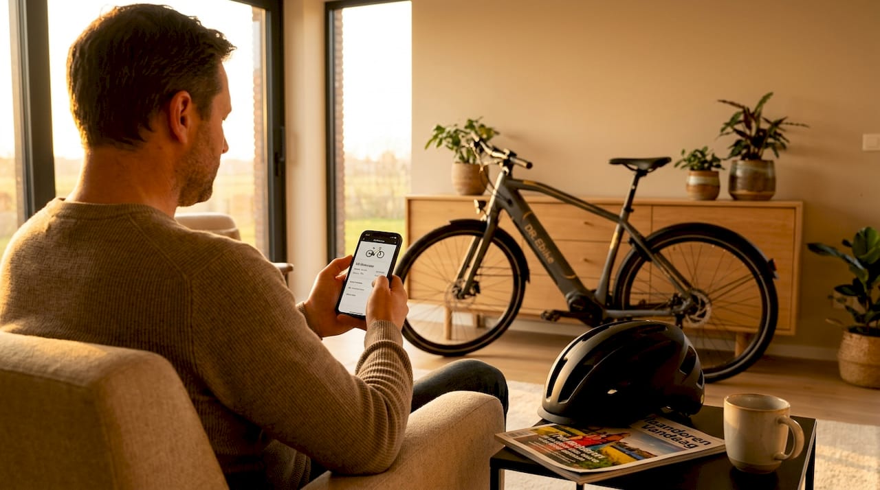 In de keuken bekijkt een vrouw de gegevens van haar fiets op haar telefoon.