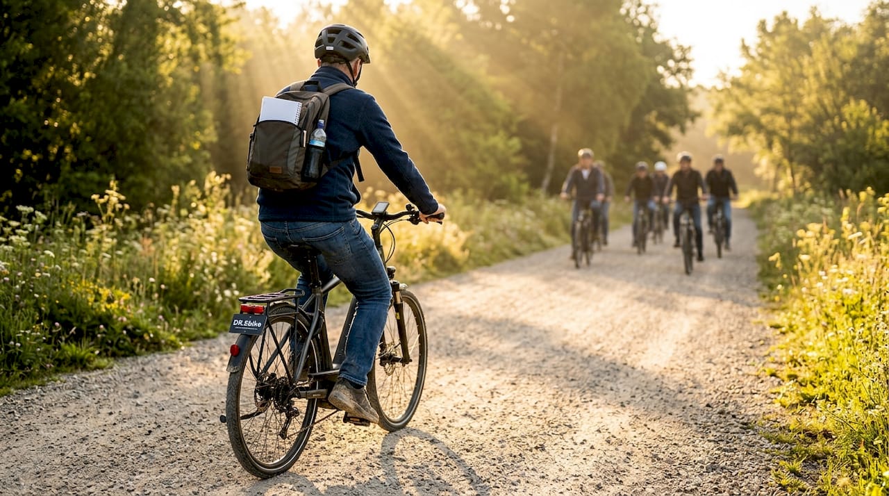 Een testrijder beoordeelt de prestaties van een e-bike tijdens een proefrit in de buitenlucht.