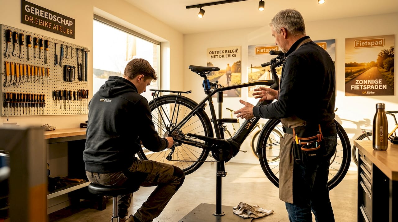 Een vrouw is zelf haar fiets aan het opknappen in een doe-het-zelf werkplaats.