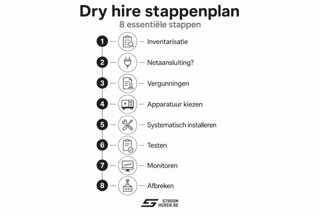 Overzichtelijke infographic met alle stappen voor het huren van stroomvoorziening zonder personeel