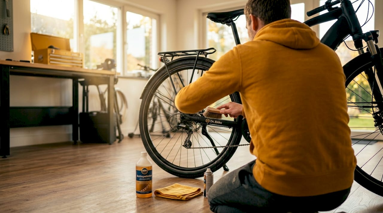 Een vrouw is bezig haar fietsketting schoon te maken en te smeren, zodat haar fiets weer soepel rijdt.