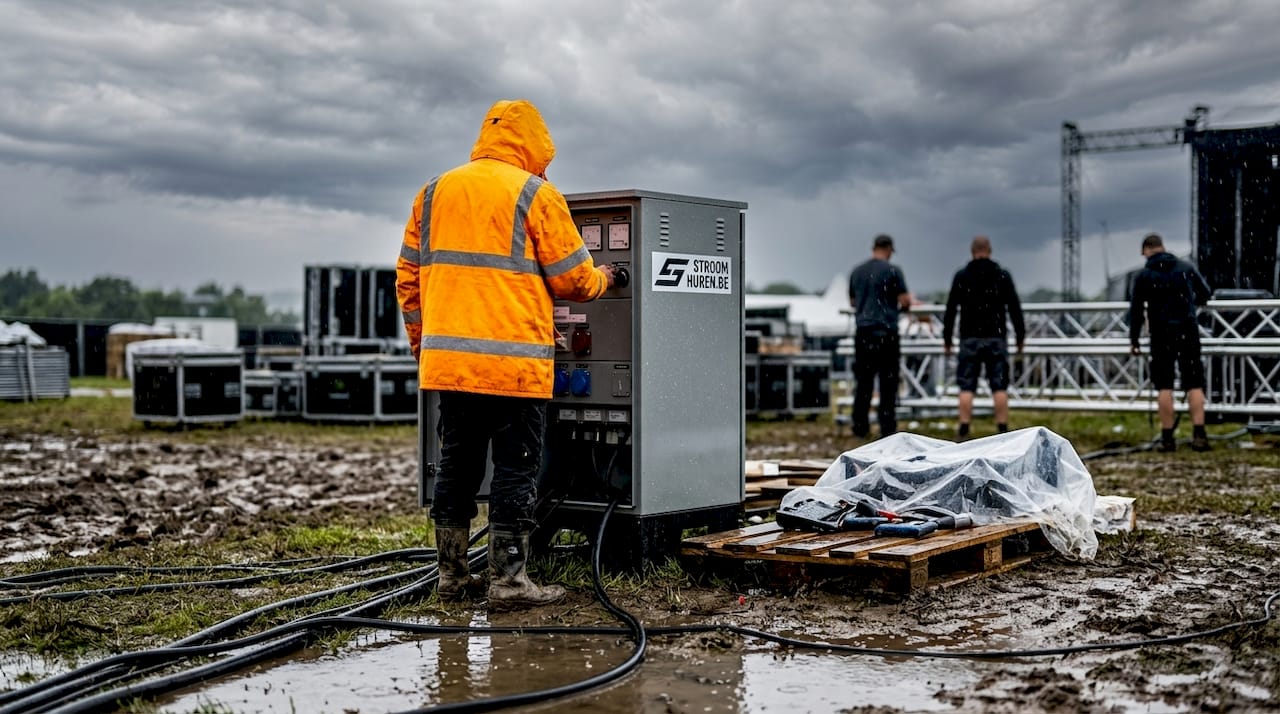 Na een flinke regenbui bekijkt de technicus de meterkast om te controleren of alles nog veilig is.