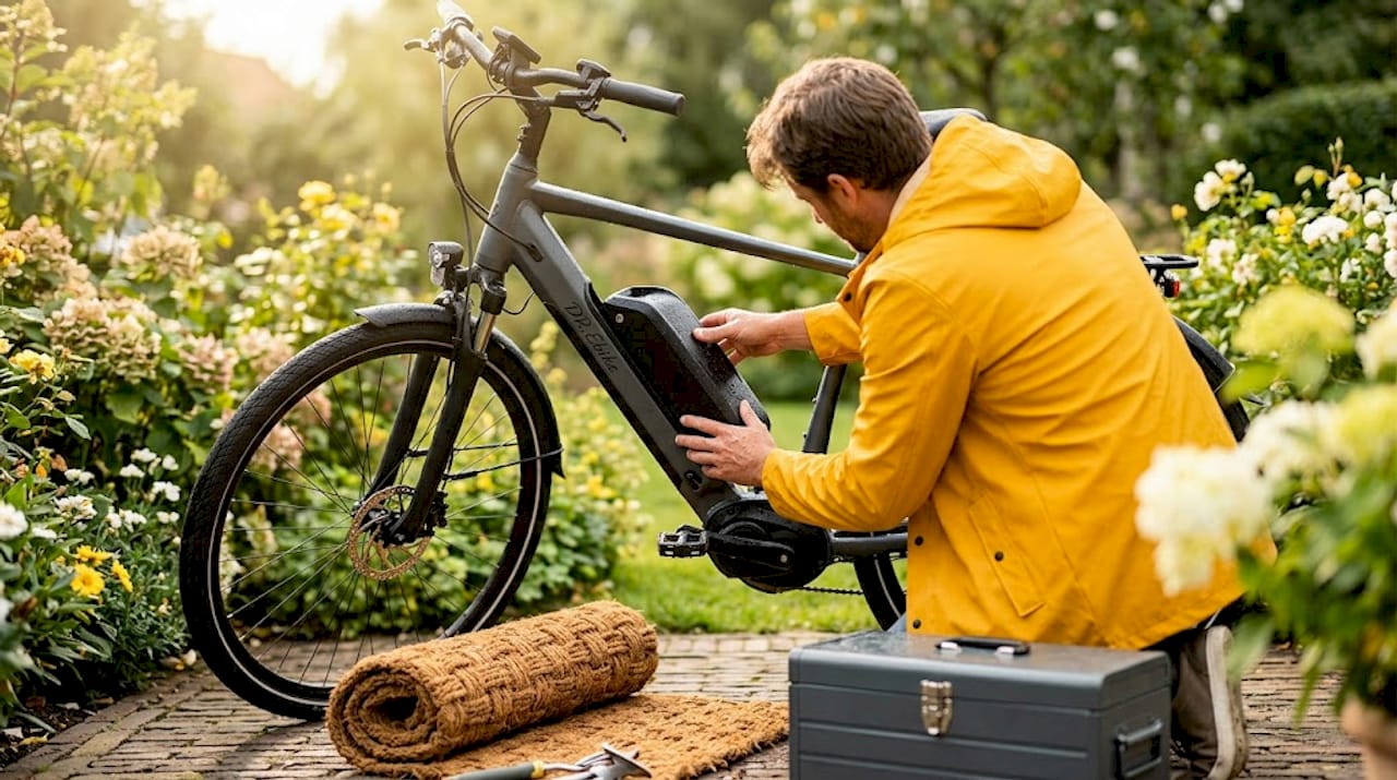 Man zorgt bij regen goed voor de accu van zijn e-bike