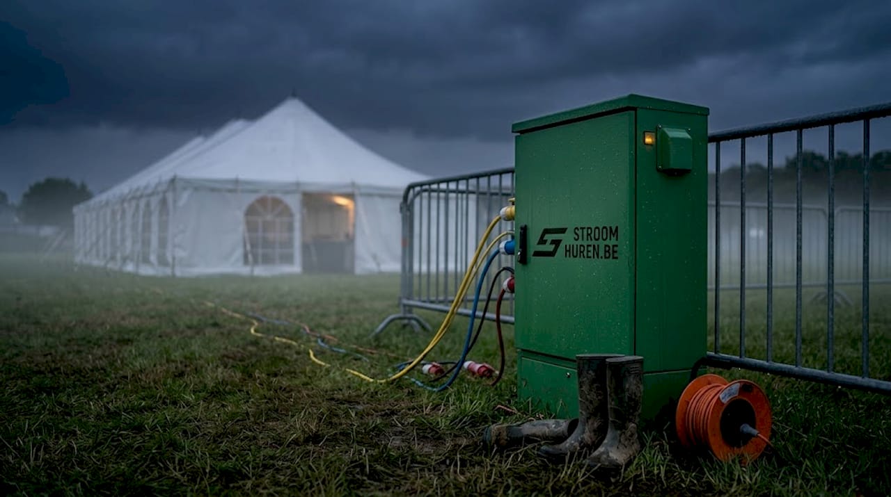 Een stroomverdeelkast met aangesloten kabels op het evenemententerrein.