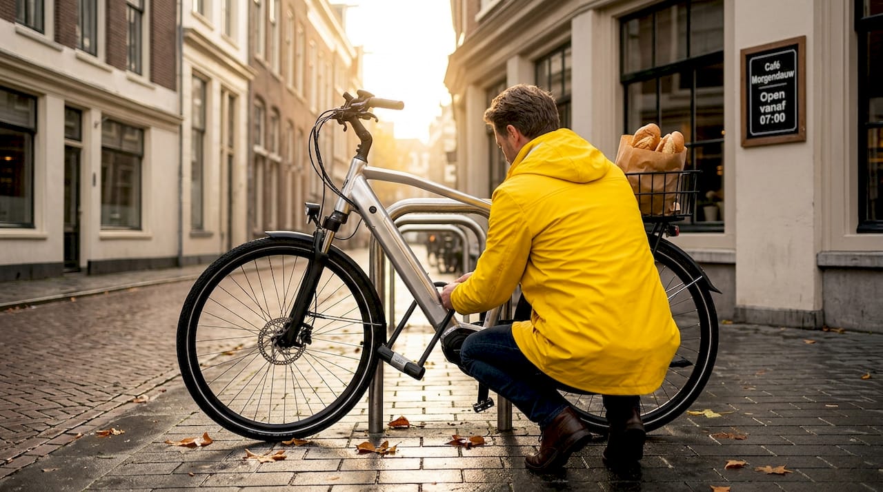 Een vrouw zet haar aluminium fiets op slot voor de bakker.