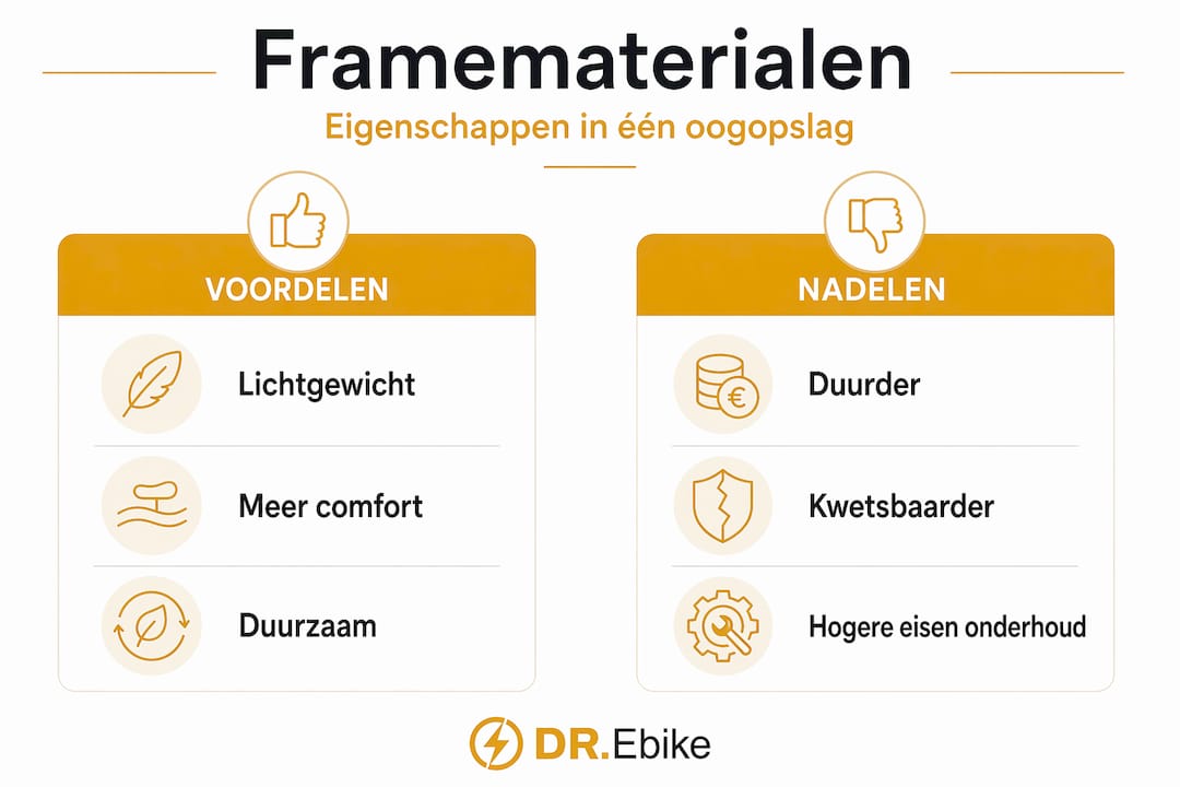 Infographic: de plus- en minpunten van verschillende framematerialen op een rij
