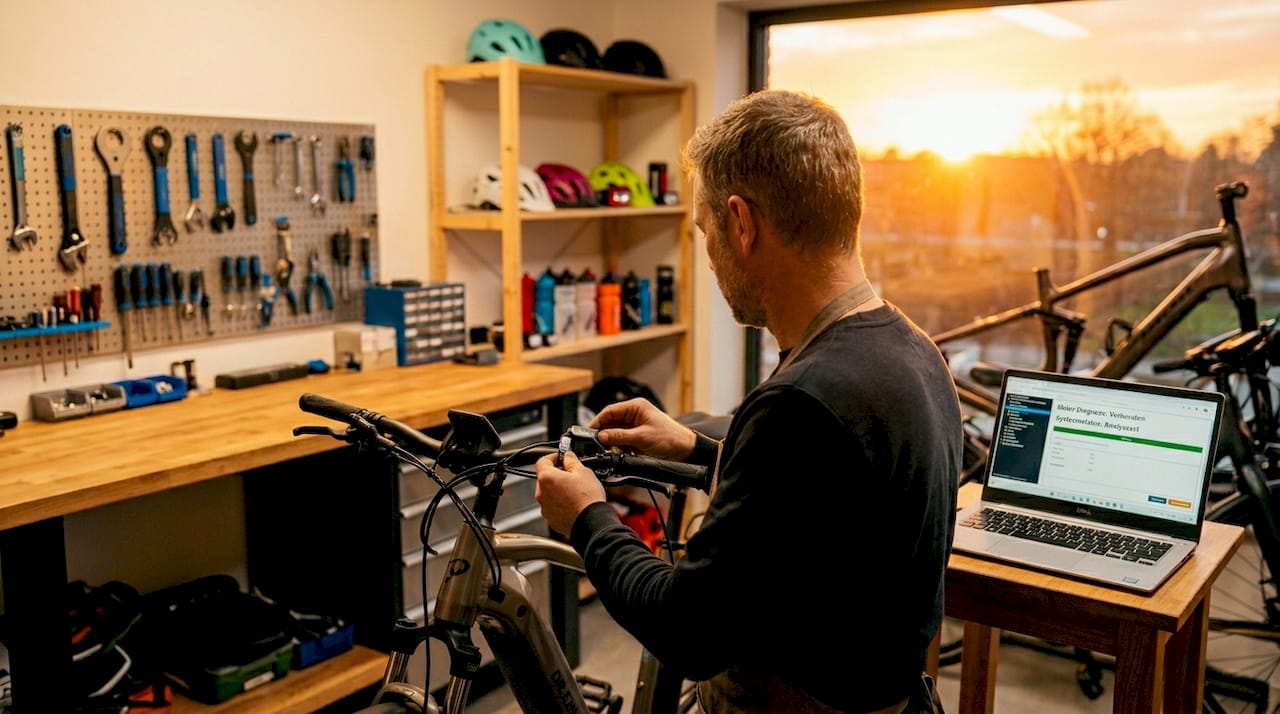 De fietsenmaker voert een software-update uit op een e-bike.