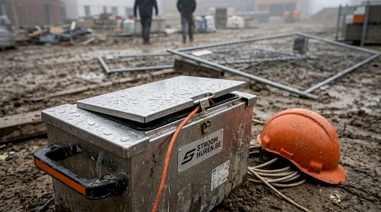 Verdelerkast op de bouwplaats blootgesteld aan vochtige omstandigheden