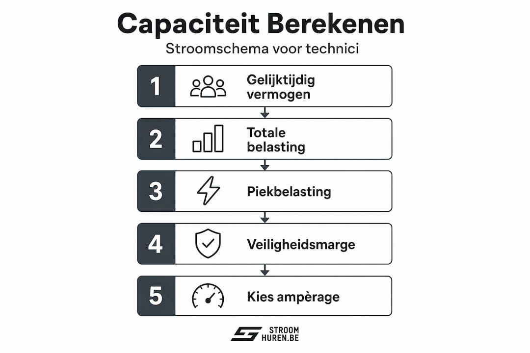 Infographic: stappenplan voor het bepalen van de capaciteit van een stroomverdeler