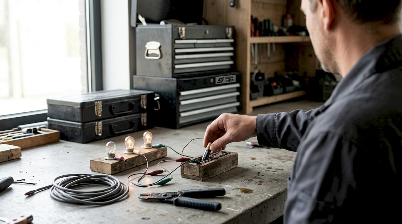Een hand plaatst een batterij in een serieschakeling.