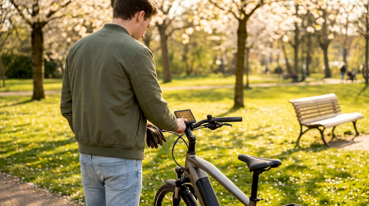 Een man werpt een blik op het display van zijn e-bike om te zien hoeveel kilometer hij nog kan fietsen.