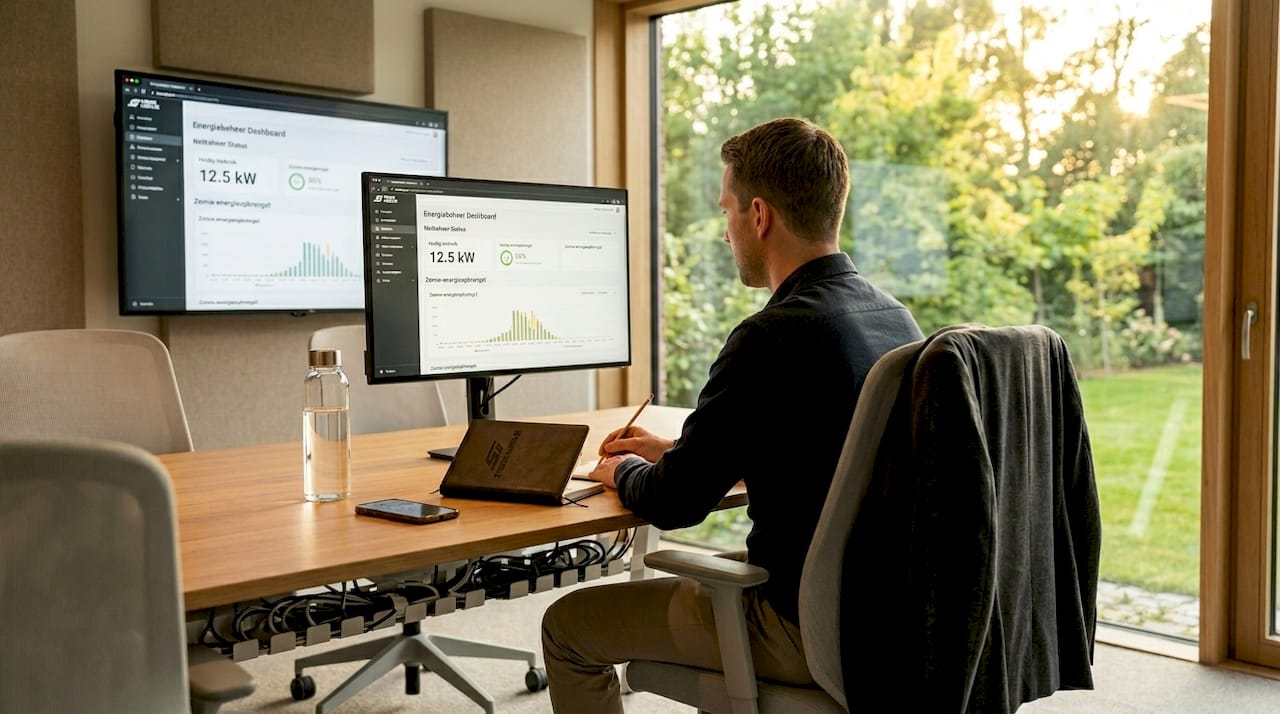 Energiespecialist houdt toezicht op het platform vanuit kantoor