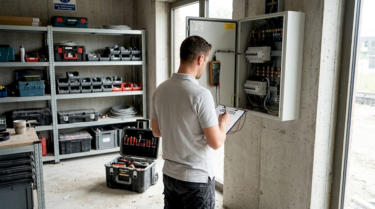 Een elektricien controleert of de groepenkast aan alle veiligheidsvoorschriften voldoet en legt zijn bevindingen vast.