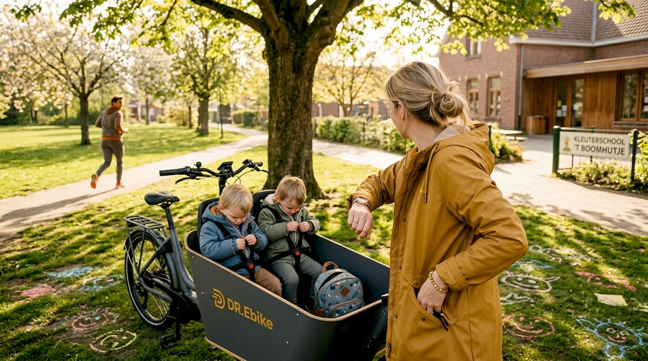 Moeder zet haar elektrische bakfiets voor de school neer.