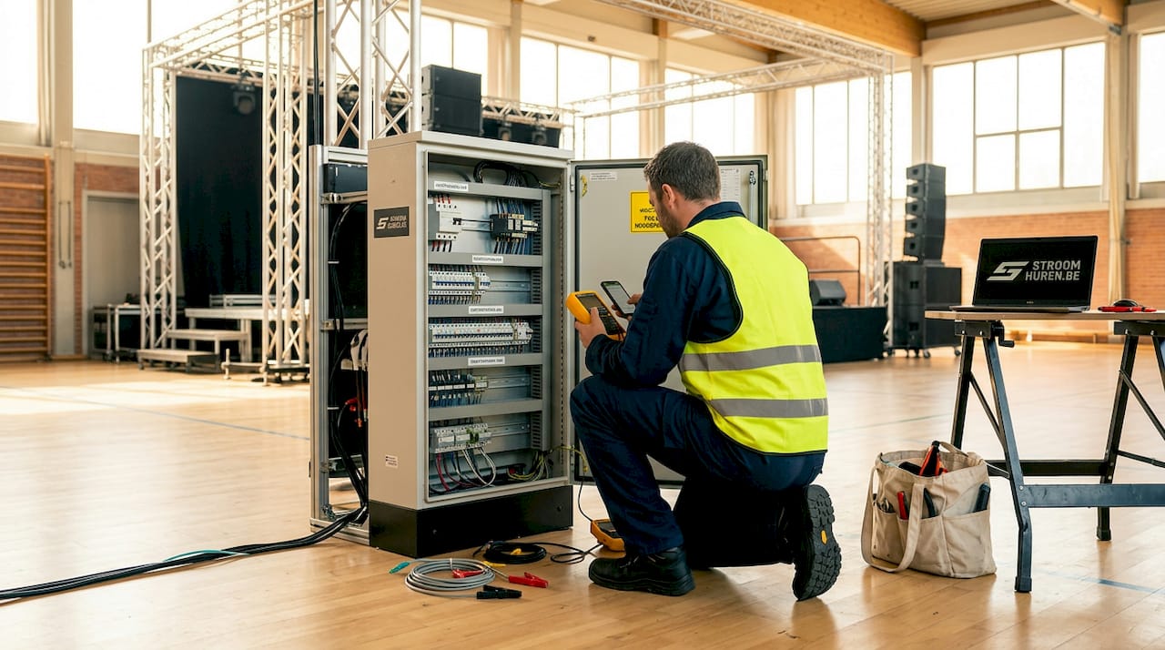 Een inspecteur kijkt de elektrische installatie van het podium grondig na.