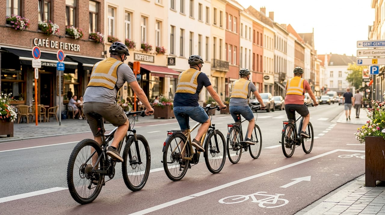 Een groep wielrenners fietst samen over een Belgisch fietspad.