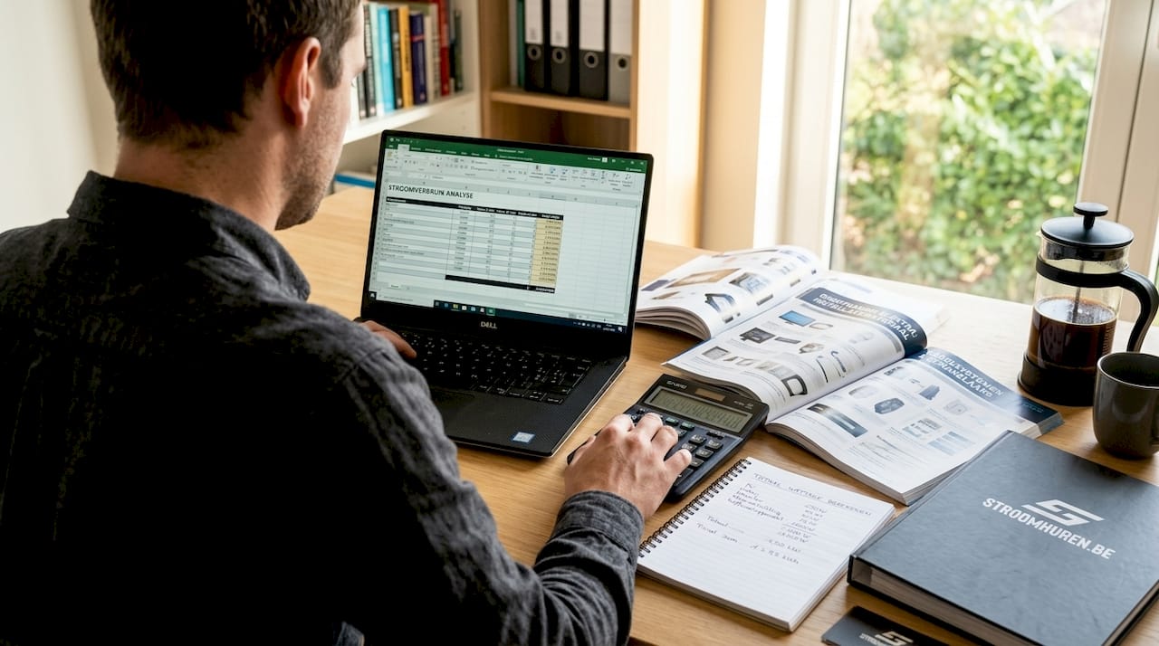 Iemand berekent het stroomverbruik van een apparaat met behulp van een laptop en een rekenmachine.