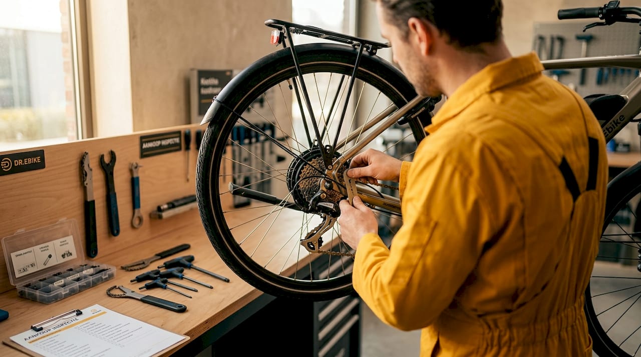 Een fietsenmaker controleert de technische staat van een tweedehands fiets.