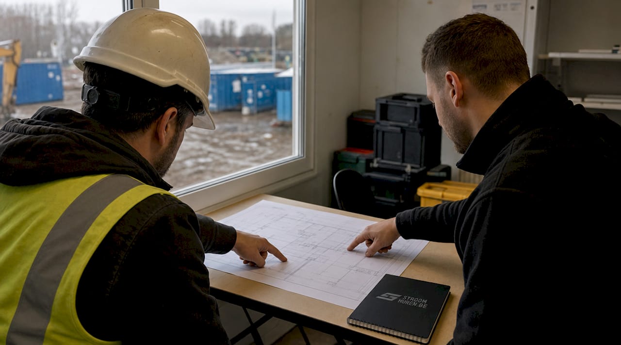 De installatieadviseur en de elektricien staan buiten samen de bouwtekeningen door te nemen.