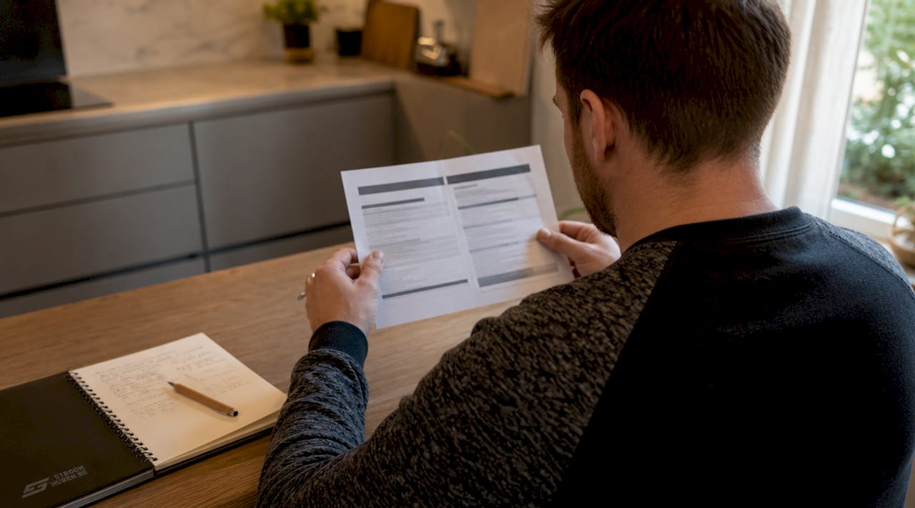 Een paar handen bladert aandachtig door een document met veiligheidsvoorschriften voor elektriciteit.