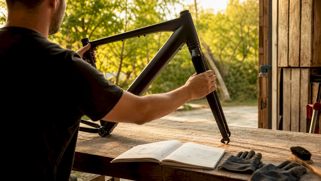 Een paar handen controleert zorgvuldig het fietsframe in de werkplaats.