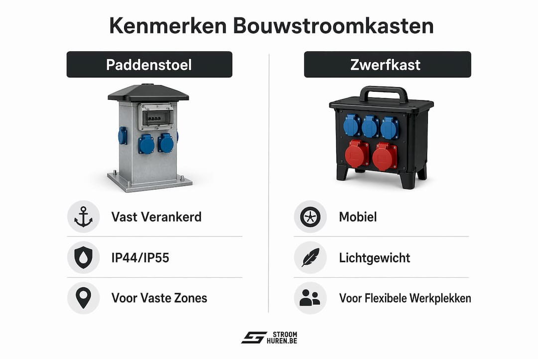 Overzichtelijke infographic met de belangrijkste kenmerken van verschillende bouwstroomkasten vergeleken