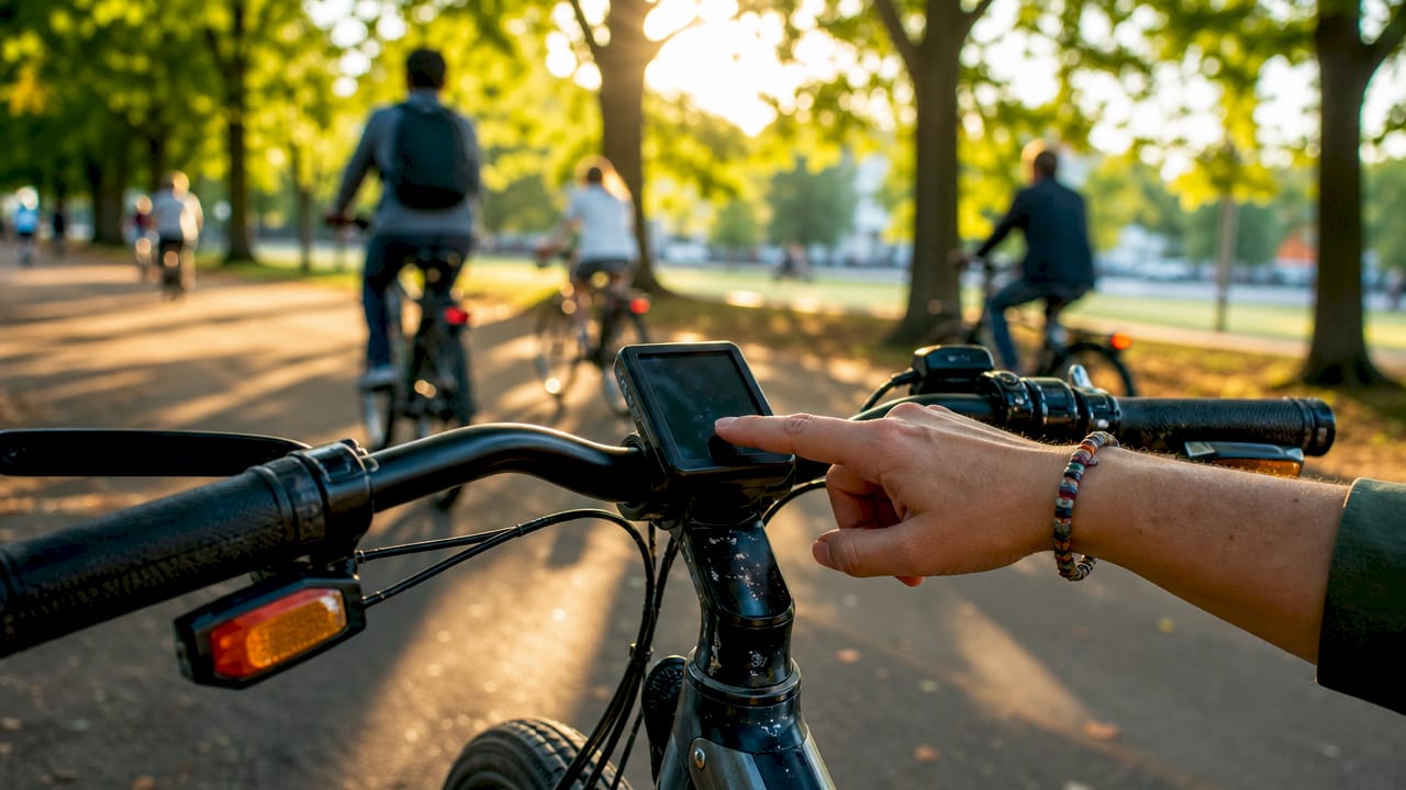 Detailopname van een hand die het display van een e-bike bedient