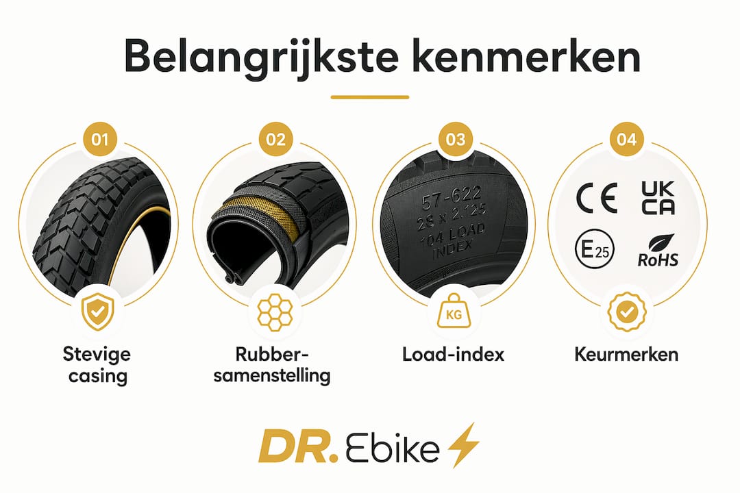 Overzichtelijke infographic met de belangrijkste specificaties van e-bike banden
