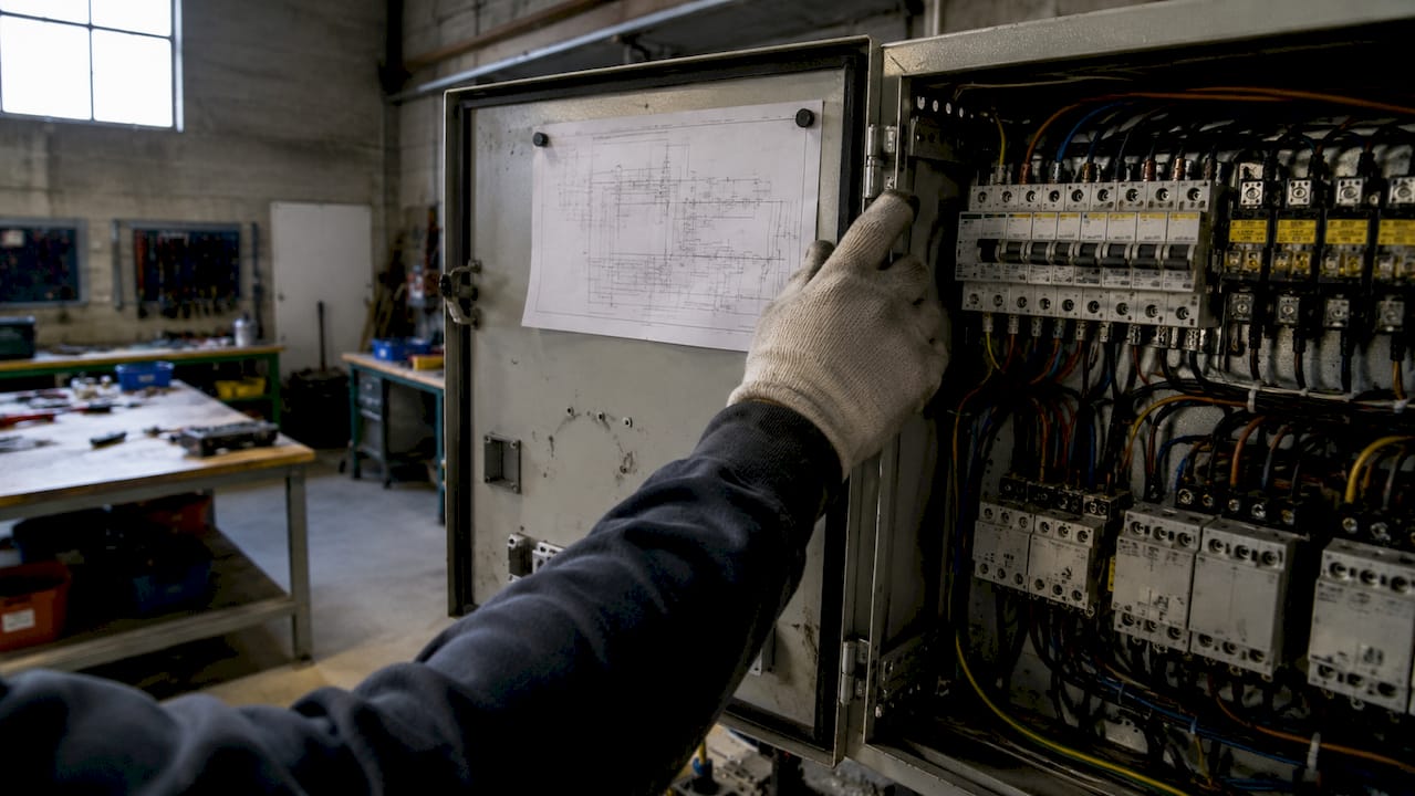 Een hand plaatst het schema van de elektrische installatie in de meterkast.