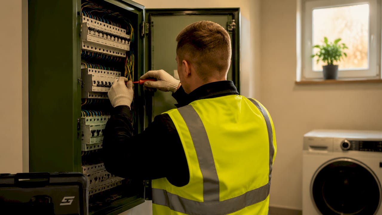 Detailopname van een elektricien die bedrading aansluit in een verdeelkast.