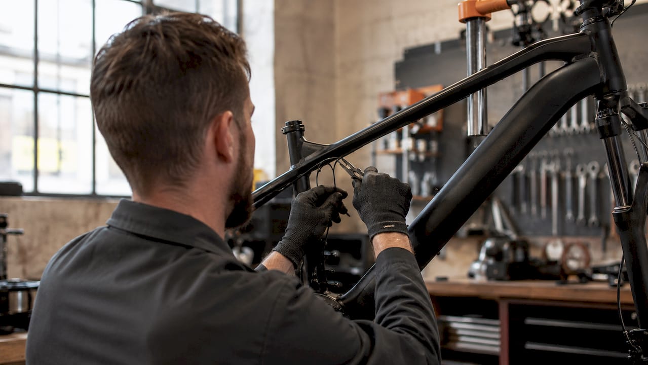 Gedetailleerd beeld van de kabelgeleiding in een modern fietsframe