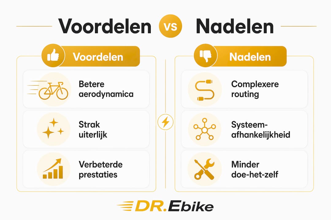 Overzichtelijke infographic met de plus- en minpunten van geïntegreerde fietsonderdelen