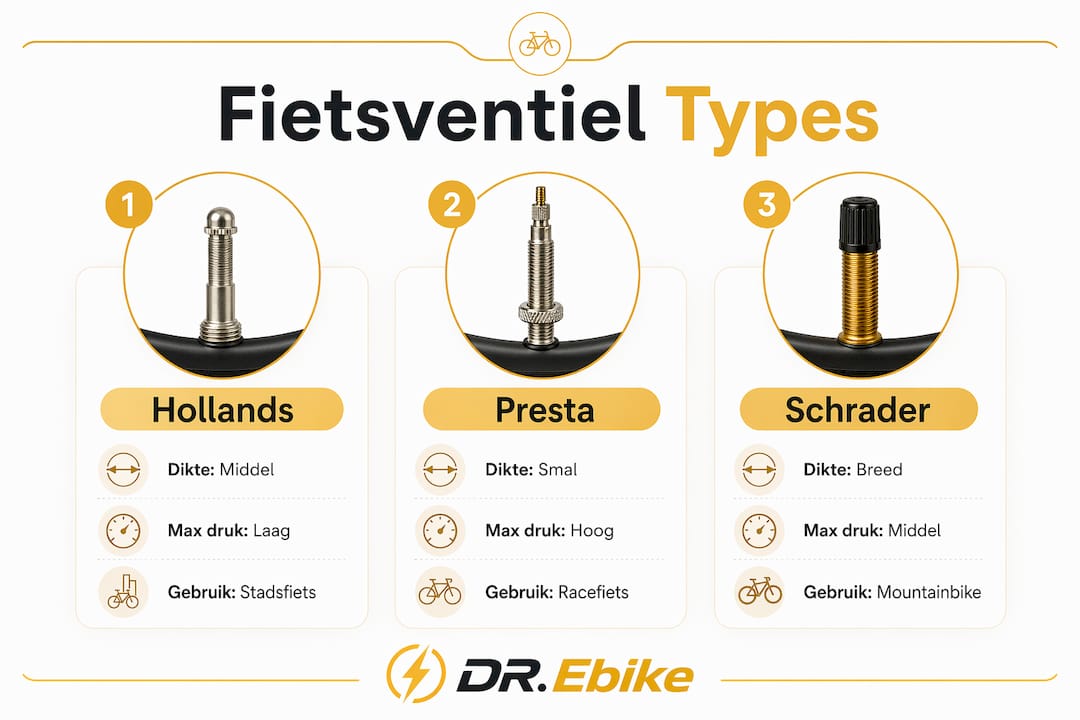 Overzichtelijke infographic waarin de verschillende soorten fietsventielen met elkaar worden vergeleken